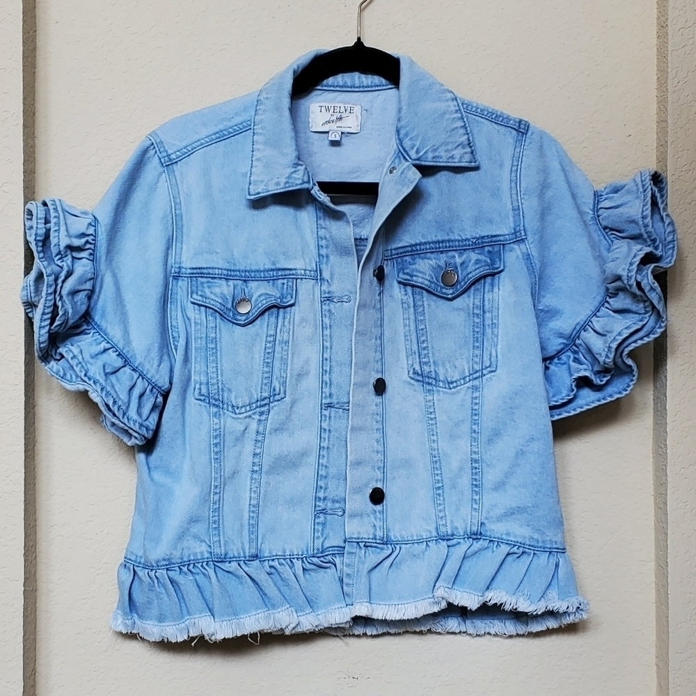 Twelve by Twelfth Light Denim Ruffle Sleeve Frayed Cropped Jacket Size S